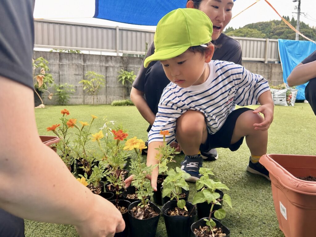 色とりどりの花の苗に手を伸ばすこども