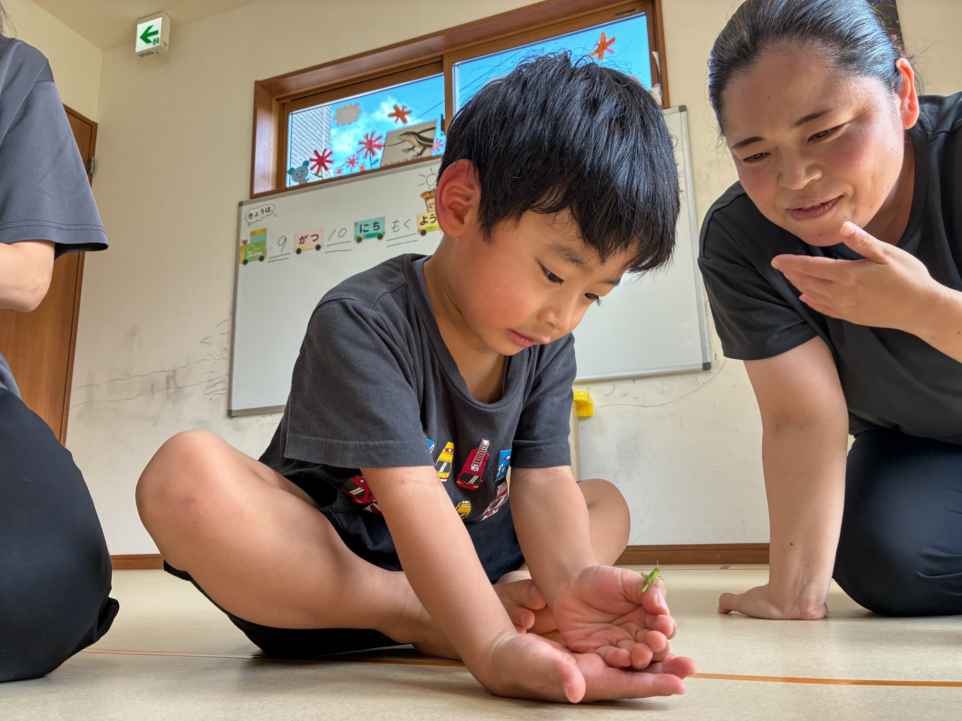 手のひらに小さな虫をのせてスタッフと見る様子